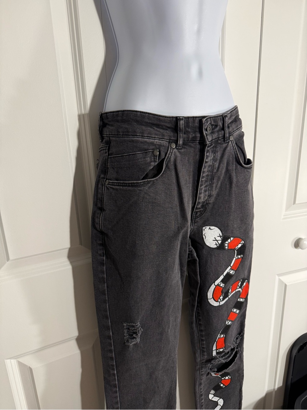 The Ragged Priest Black Straight Leg Jeans with Red & White Snake Patch - Picture 7 of 9